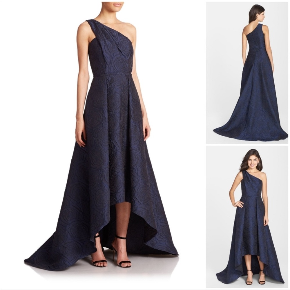 Pamela Roland one shoulder jacquard dress. Blue. Gorgeous train. Size 12.
